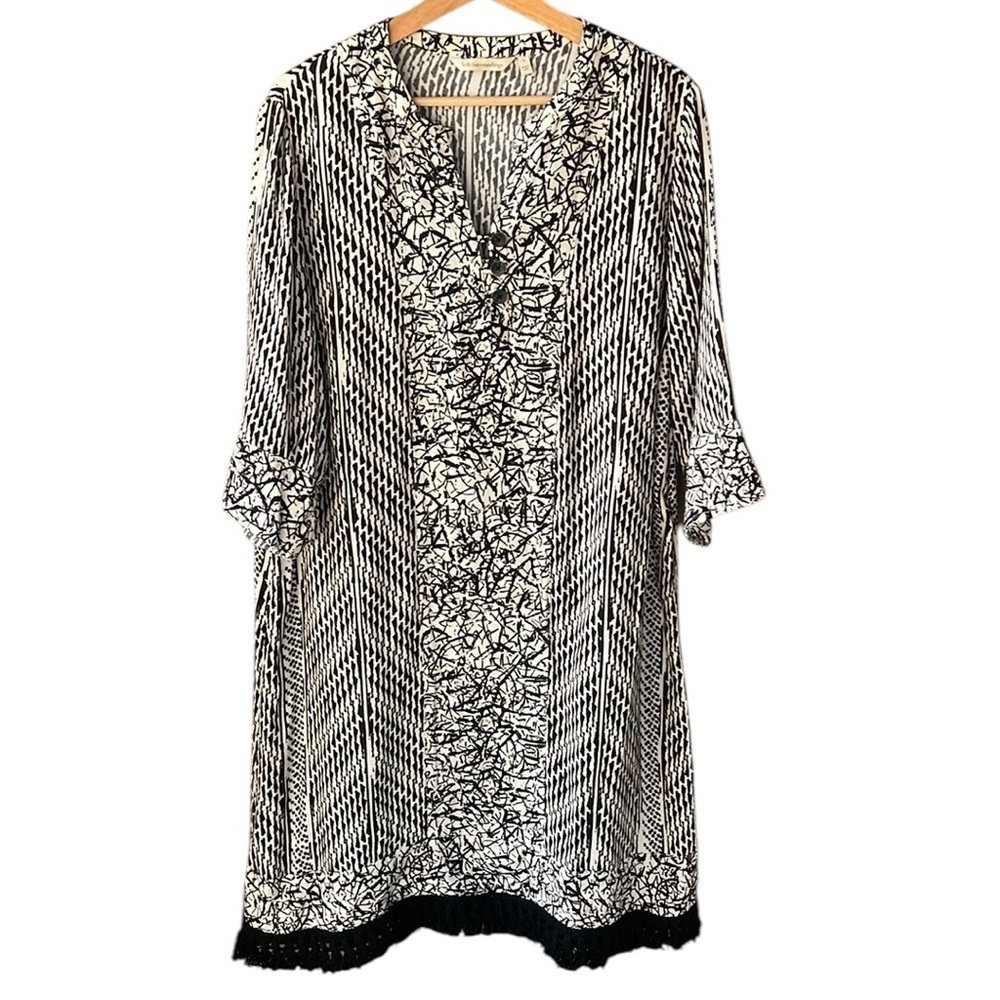 Soft Surroundings Sz L 3/4 Sleeve Tribal Print Midi Dress Black Cream Tassel Hem